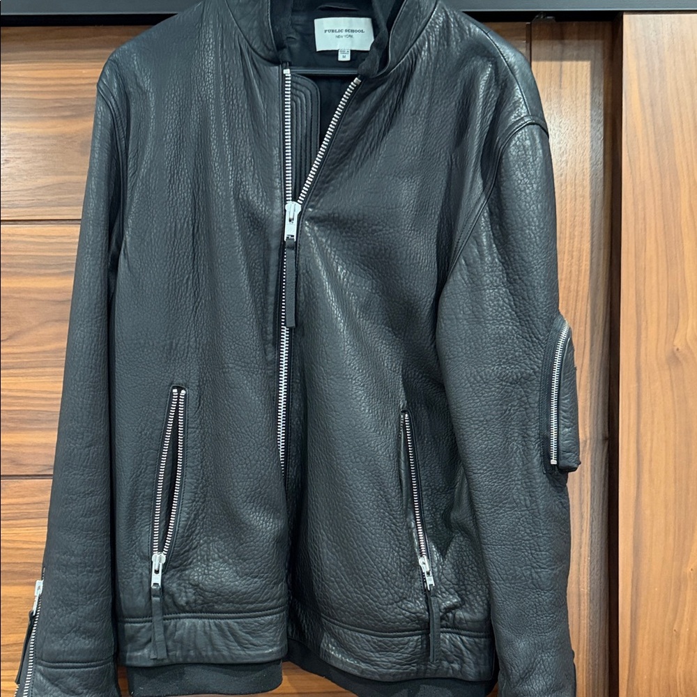 Public School Dark Leather Bomber Jacket